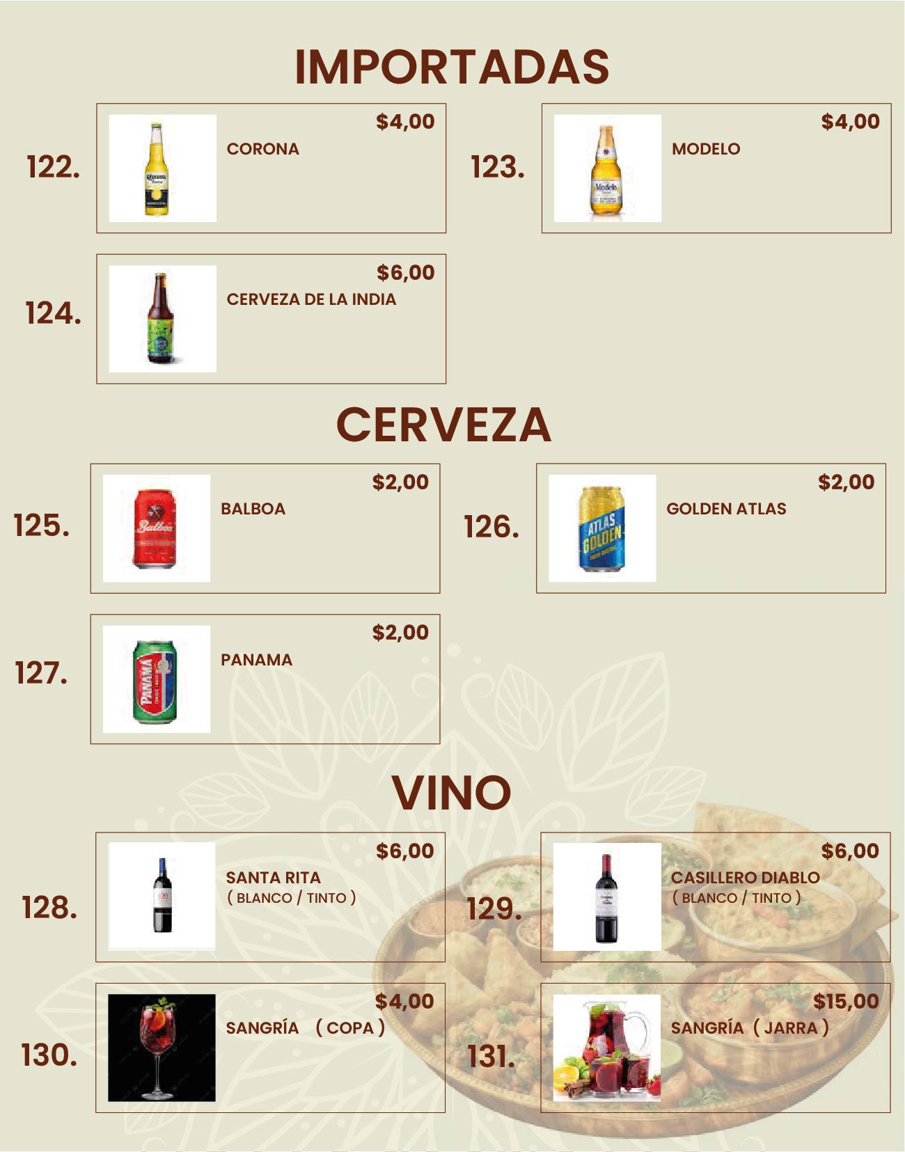 Hoja de Menú 15 - IMPORTADAS - CERVEZA - VINO